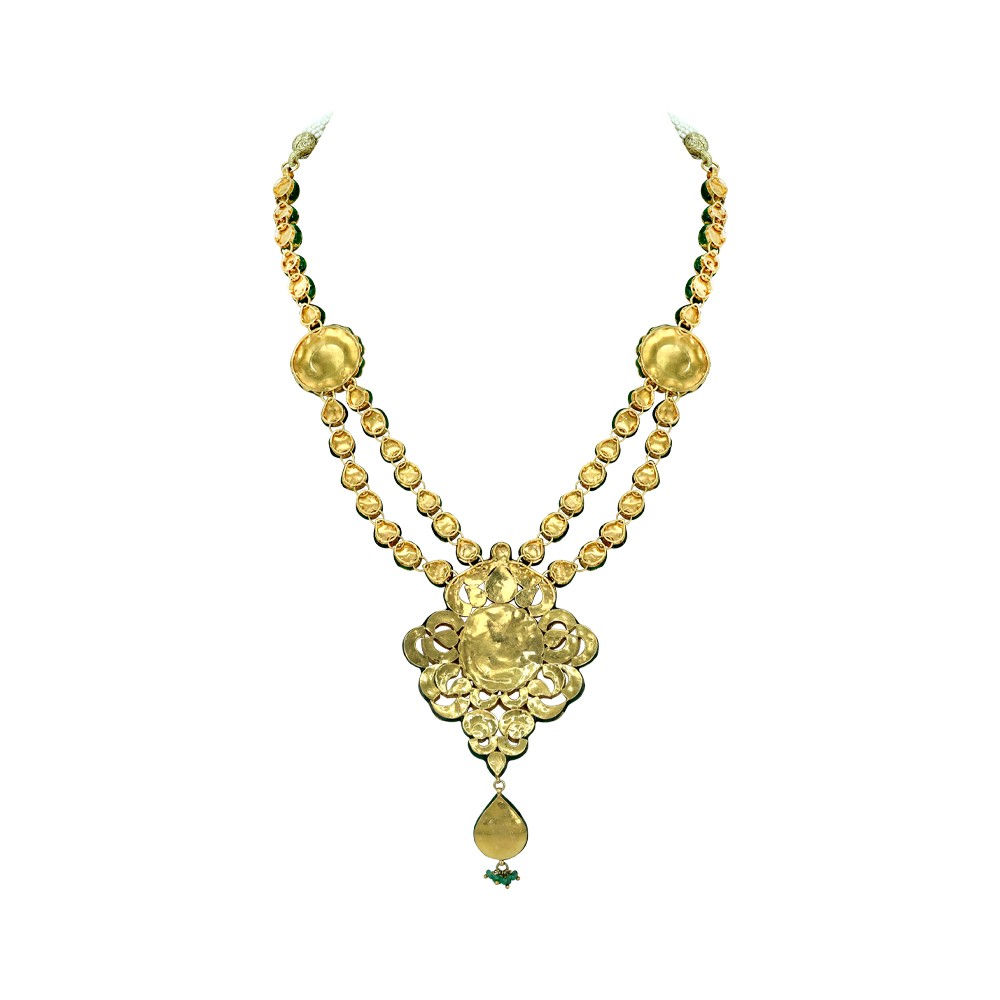 Double-String Polki Necklace with Enamel Flowers and Rhodolite